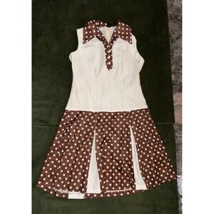 Vintage Linda Originals Polka Dot Dress Brown White Sleeveless Collar Pleated